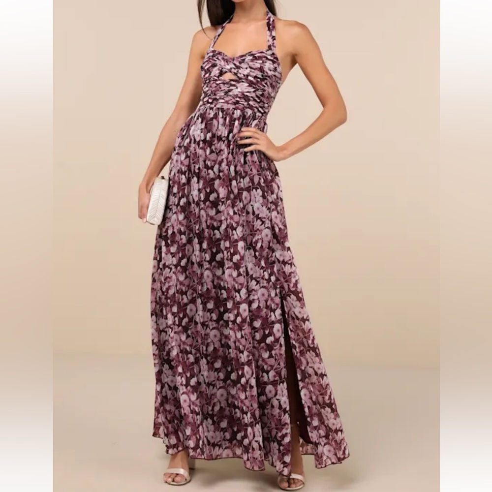 NWT  lulus Illustrious Aura Plum Purple Floral Pleated Halter Maxi Dress